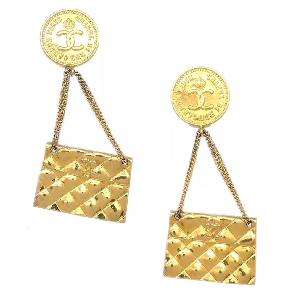 Chanel Gold Bag Dangle Earrings Clip-On - Picture 1 of 5
